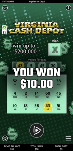 Virginia Cash Depot win screen