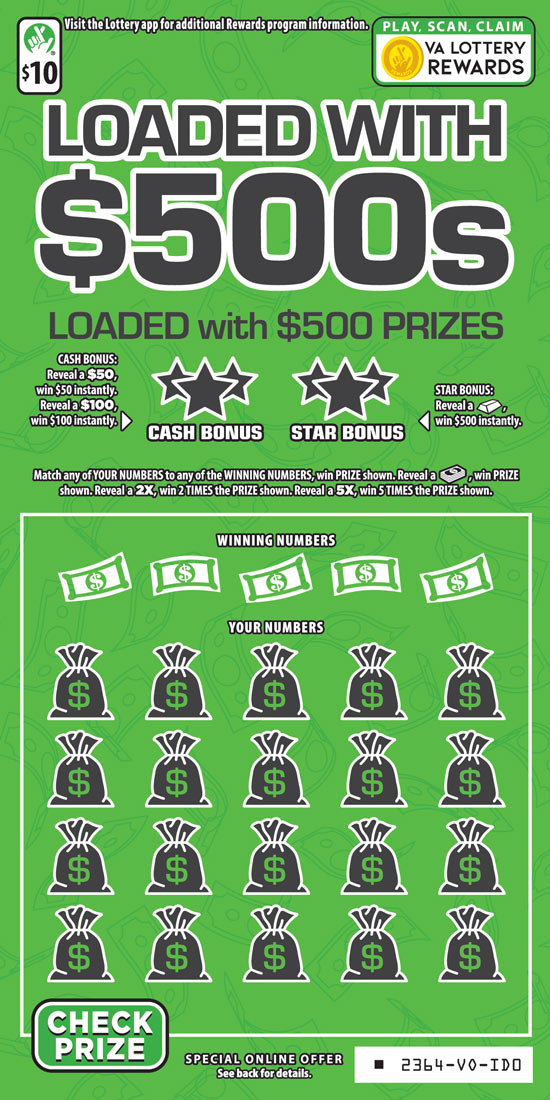 Loaded with $500s Coming Soon! scratcher game from Virginia Lottery