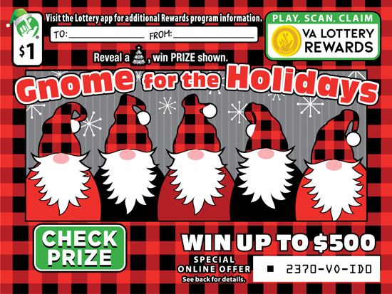 Gnome for the Holidays Coming Soon! scratcher game from Virginia Lottery
